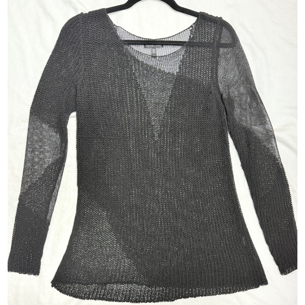 Eileen Fisher Black Sheer Open Knit Long Sleeve Scoop Neck Sweater Small